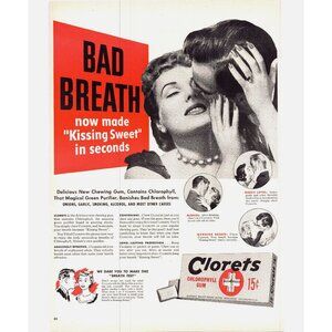 1951 Clorets Chorophyll Gum Kissing Sweet Vintage Print Ad Bad Breath Wall Art
